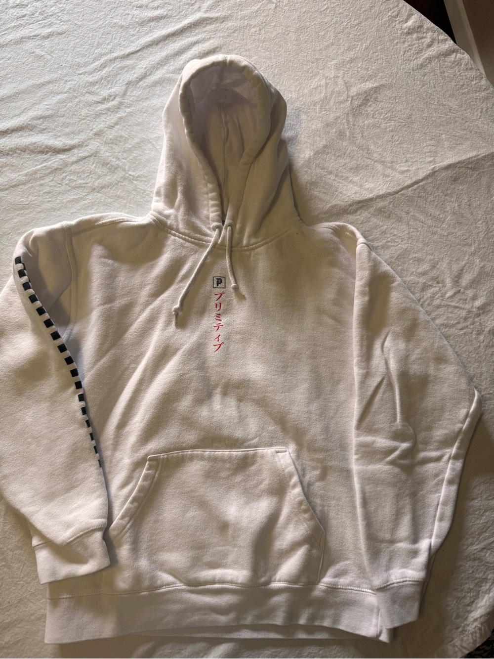 Primitive‎ White Crewneck Hoodie with Red Script and Black Checker Sleeve